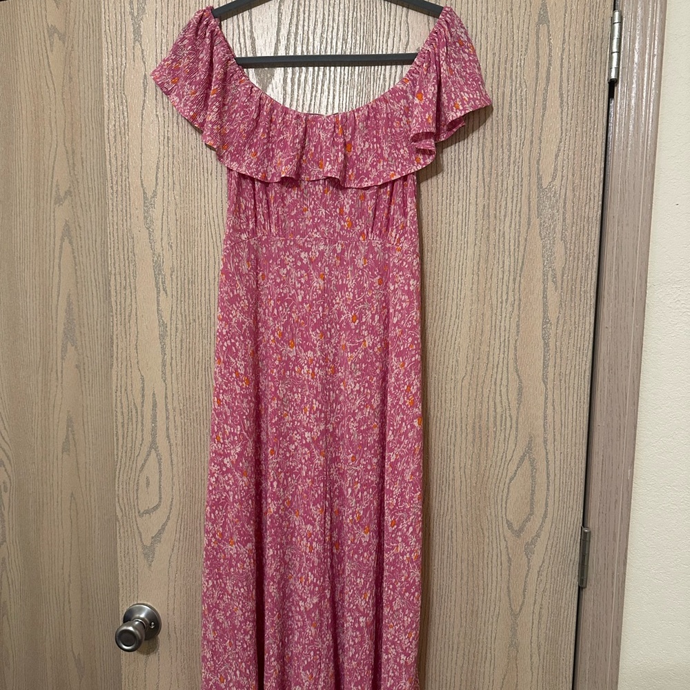 Mango Pink Ruffled Off-Shoulder Maxi Sundress